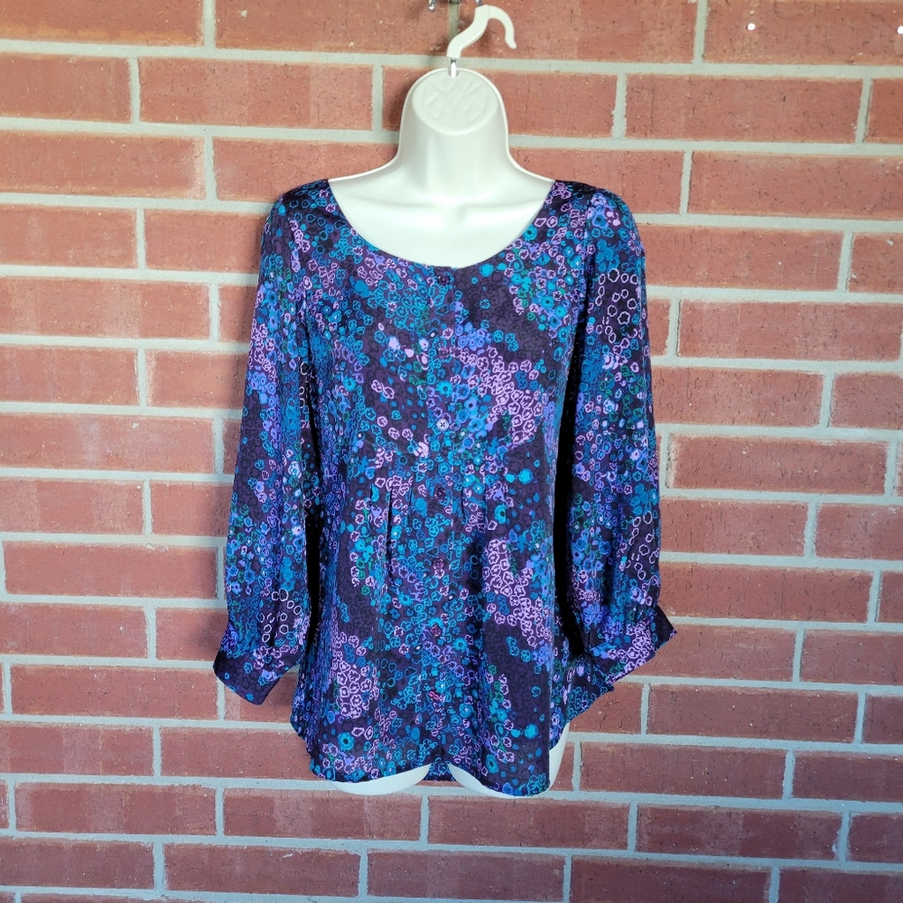 White Stag Large Purple Blue Floral 3/4 Sleeve Blouse #387